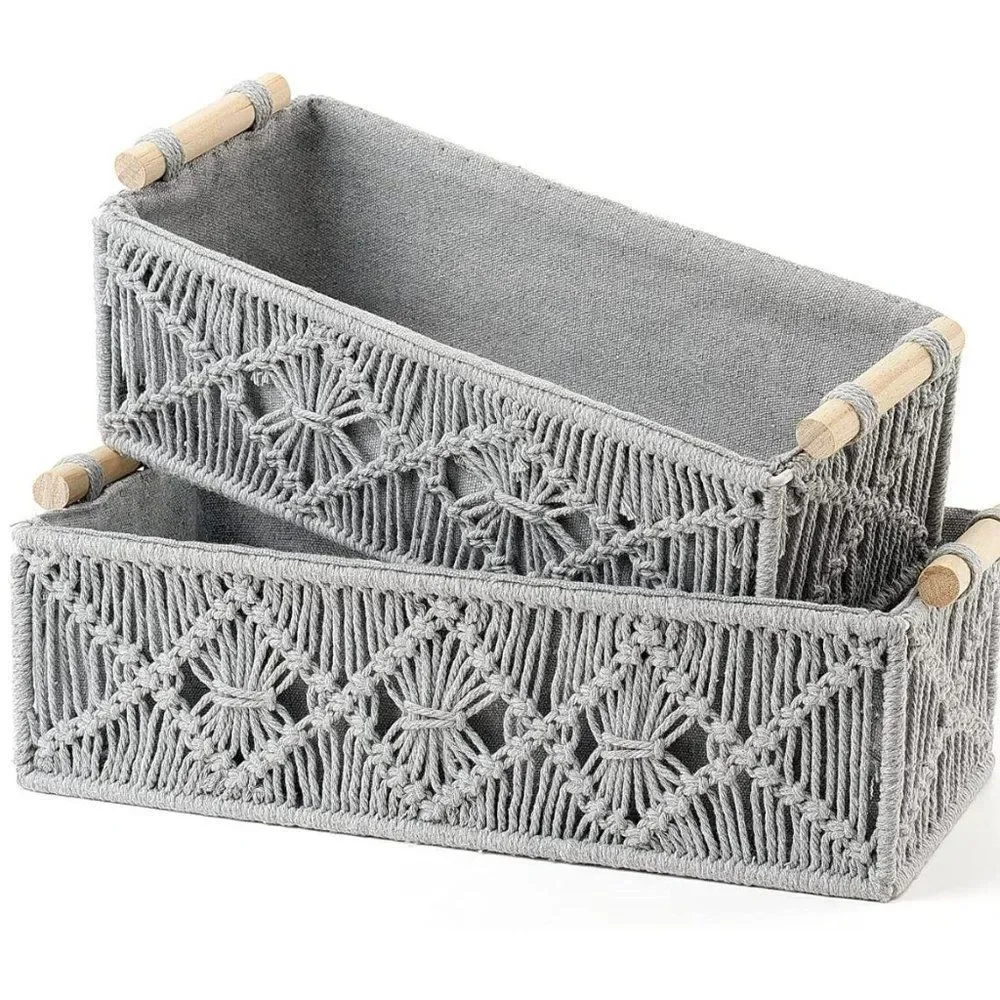 Macrame Storage Baskets Boho Decor Set of 2, grey